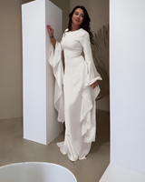 Damen Maxikleid mit Rundhalsausschnitt und Langen Volantärmeln in Weiß