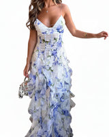 Damen Maxikleid mit schmalen Trägern, Blumenmuster und Rüschenrock in Weiß