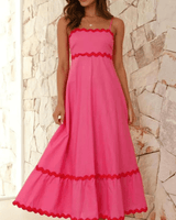 Damen Maxikleid mit Spaghettiträgern geradem Abschluss Zickzackborte und gerafftem Rücken in Rosa