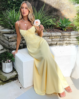 Damen Maxikleid mit Spaghettiträgern und Gerafftem Ausschnitt mit Bindeschleife in Gelb