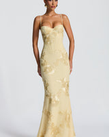 Damen Maxikleid mit Spaghettiträgern und Herzausschnitt mit erhabenen floralen Applikationen in Gelb