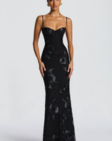 Damen Maxikleid mit Spaghettiträgern und Herzausschnitt mit erhabenen floralen Applikationen in Schwarz