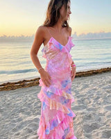 Damen Maxikleid mit Spaghettiträgern V-Ausschnitt Volants und offenem Rücken mit Blumenmuster in Rosa