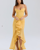 Damen Maxikleid mit Spaghettiträgern und Rüschensaum in Gelb