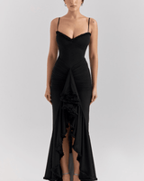 Damen Maxikleid mit Spaghettiträgern und Rüschensaum in Schwarz