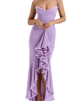 Damen Maxikleid mit Spaghettiträgern und Rüschensaum in Lila