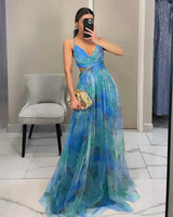 Damen Maxikleid mit Spaghettiträgern, Wickeloberteil und Taillenausschnitt in Blau