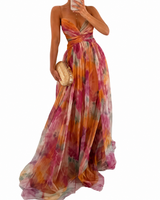 Damen Maxikleid mit Spaghettiträgern, Wickeloberteil und Taillenausschnitt in Orange