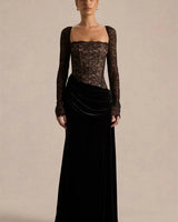 Damen Maxikleid mit Spitzenoberteil und Schlitzrock in schwarz