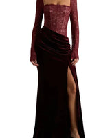 Damen Maxikleid mit Spitzenoberteil und Schlitzrock in Weinrot
