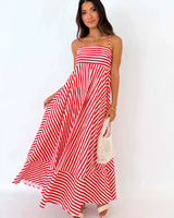Damen Maxikleid mit Streifen gerader Ausschnitt und Spaghettiträgern mit Stufensaum in Rot mit Streifen