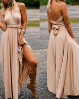 Damen Maxikleid mit überkreuztem Halsteil in Champagner