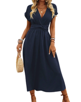 Damen Maxikleid mit V-Ausschnitt und Flügelärmeln in Marineblau