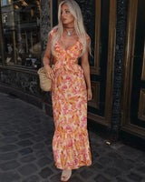 Damen Maxikleid mit V-Ausschnitt und Volantträgern mit seitlichen Ausschnitten und Blumenmuster in Orange