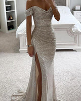 Damen Maxikleid schulterfrei mit Herzausschnitt Paillettenoberfläche und hohem Seitenschlitz in Silber