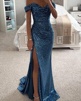 Damen Maxikleid schulterfrei mit Herzausschnitt Paillettenoberfläche und hohem Seitenschlitz in Türkis