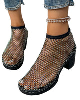 Damen Mesh-Ankelschuhe mit Strassdetails und Blockabsatz in Schwarz