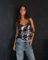 Damen Mesh-Top mit Paillettenbesatz V-Ausschnitt und Dünnen Trägern in Silber