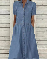 Damen Midi Jeanskleid mit Kentkragen und Knopfleiste in Blau