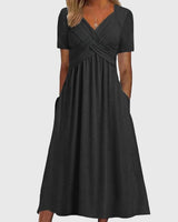 Katharina | Damen Midi Kleid mit Bauchkontrolle V-Ausschnitt Kurzarm in Black