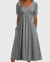 Katharina | Damen Midi Kleid mit Bauchkontrolle V-Ausschnitt Kurzarm in Gray