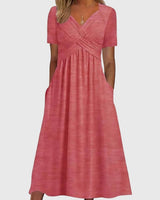 Katharina | Damen Midi Kleid mit Bauchkontrolle V-Ausschnitt Kurzarm in Pink