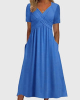 Katharina | Damen Midi Kleid mit Bauchkontrolle V-Ausschnitt Kurzarm in Blue