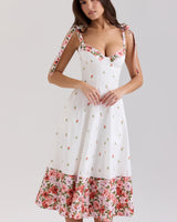 Damen Midi Kleid mit Herzausschnitt Bindeträgern und Blumenmuster in Weiß