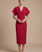 Damen Midi Kleid mit kurzen Ärmeln, V-Ausschnitt und Gürtel in Rot