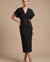 Damen Midi Kleid mit kurzen Ärmeln, V-Ausschnitt und Gürtel in Schwarz