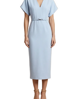 Damen Midi Kleid mit kurzen Ärmeln, V-Ausschnitt und Gürtel in Hellblau