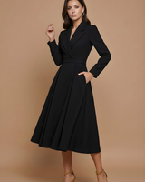 Damen Midi Kleid mit langen Ärmeln, Wickeloptik und Gürtel in Schwarz