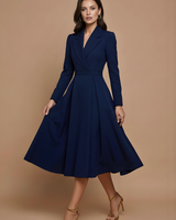 Damen Midi Kleid mit langen Ärmeln, Wickeloptik und Gürtel in Marineblau