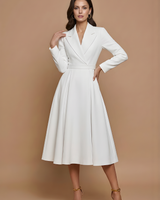 Damen Midi Kleid mit langen Ärmeln, Wickeloptik und Gürtel in Weiß