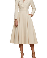 Damen Midi Kleid mit langen Ärmeln, Wickeloptik und Gürtel in Beige