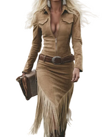 Damen Midi Kleid mit Reißverschluss und Fransen in Braun