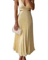 Damen Midi Kleid mit V-Ausschnitt und Plisseerock in Gelb