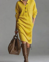 Charlotte | Damen Midi-Strickkleid mit Knopfleiste und Rippstruktur in Gelb