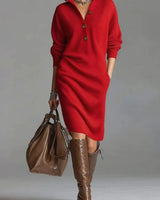 Charlotte | Damen Midi-Strickkleid mit Knopfleiste und Rippstruktur in Rot