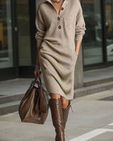 Charlotte | Damen Midi-Strickkleid mit Knopfleiste und Rippstruktur in Khaki