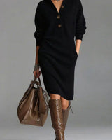 Charlotte | Damen Midi-Strickkleid mit Knopfleiste und Rippstruktur in Schwarz