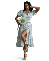 Damen-Midi-Wickelkleid mit Puffärmeln und Blumenmuster in Blau