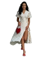 Damen-Midi-Wickelkleid mit Puffärmeln und Blumenmuster in Rot
