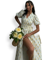 Damen-Midi-Wickelkleid mit Puffärmeln und Blumenmuster in Gelb