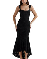 Damen Midikleid aus Spitze mit Raffung an der Taille und asymmetrischem Saum in Schwarz