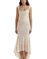 Damen Midikleid aus Spitze mit Raffung an der Taille und asymmetrischem Saum in Beige