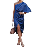 Damen Midikleid mit asymmetrischem Ausschnitt und Drapierung in Dunkelblau
