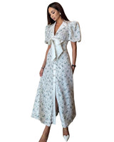 Damen Midikleid mit Blumenmuster, Puffärmeln und Taillenschleife in Weiß