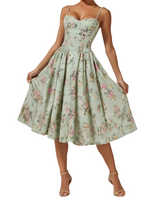 Damen Midikleid mit Blumenmuster und schmalen Trägern in Grün