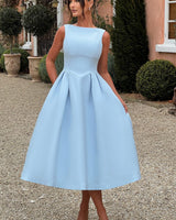 Damen Midikleid mit Bootsausschnitt V Taillennaht und Weitem Faltenrock in Blau